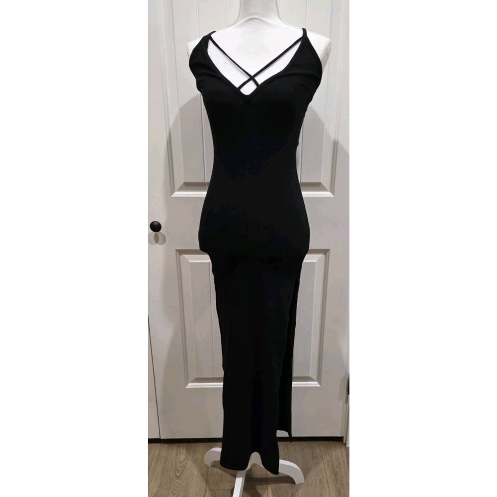Bozollo Black Bodycon Maxi Double Side Slits Criss Cross Front & Back Size L